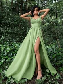 Faeriesty Applique Detail Sweetheart Neck Satin Formal Dress - Green - View 6