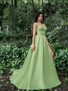 Faeriesty Applique Detail Sweetheart Neck Satin Formal Dress - Green - View 7