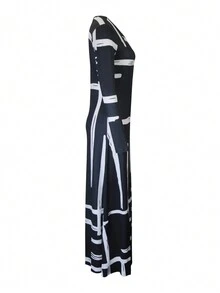 秋冬时尚简约格纹印花休闲圆领修身长袖连衣裙