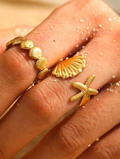 Aomogo مجموعة خاتمين من الفولاذ المقاوم للصدأ بتصميم نجمة البحر والورقة، عصري وبسيط، مناسب للارتداء اليومي