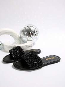 2025 New Design Women's Slides Slippers, Square Heel Flat Round Toe, Rhinestone & Faux Pearl Decor, Plus Size, Lightweight Luxury Casual Non-Slip Sandals, Versatile,Spring Summer Outfits - Black - View 9