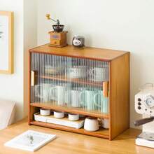 HOHOBLA LOYALHEARTDY-BTG Bamboo Countertop Storage Cabinet With 2 Sliding Striped Glass Doors, Kitchen Cabinet Pantry Sideboard Freestanding Utility Cupboard For Spice Seasoning Bottles, Dish, Bowl (Brown)[Best Gift For Family&Friends] - 卡其色 - 查看 4