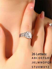 1pc Sparkly Zirconia Inlaid 26 Letter Initial Open Ring, Suitable For Daily Wear And Events