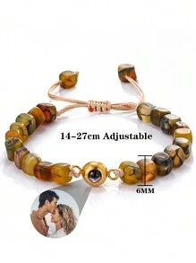 1pc Customized Photo Projection Bracelet, Personalized 6mm Natural Stone Photo Projection Bracelet, Square Agate Bangle For Women, Gift For Girlfriend, Photo Commemorative Gift