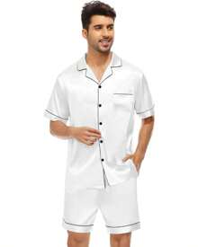 American Men's Pajamas Silk Satin With Spandex Short Sleeves And Shorts With Pocket And Button - trắng - Xem 1