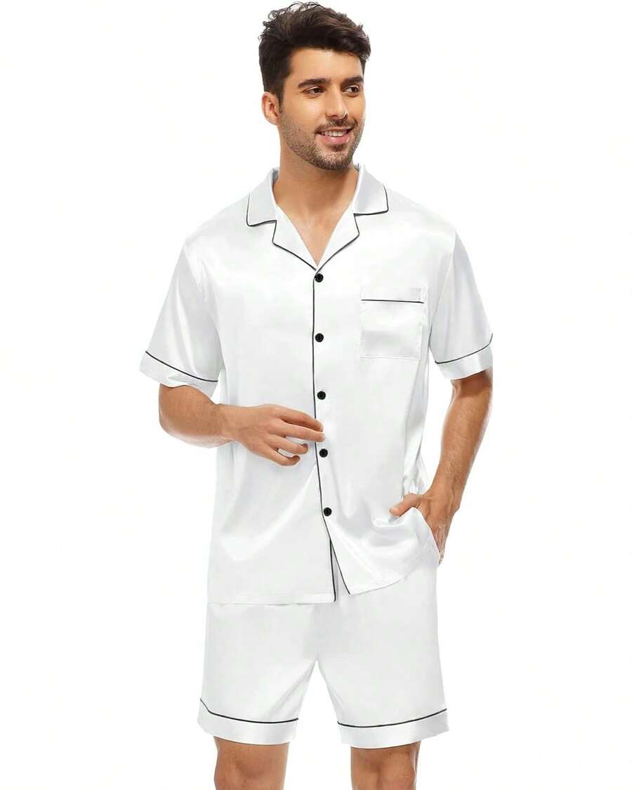 American Men's Pajamas Silk Satin With Spandex Short Sleeves And Shorts With Pocket And Button - trắng - Xem 1