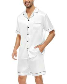 American Men's Pajamas Silk Satin With Spandex Short Sleeves And Shorts With Pocket And Button - trắng - Xem 3