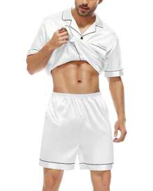 American Men's Pajamas Silk Satin With Spandex Short Sleeves And Shorts With Pocket And Button - trắng - Xem 4