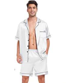 American Men's Pajamas Silk Satin With Spandex Short Sleeves And Shorts With Pocket And Button - trắng - Xem 2