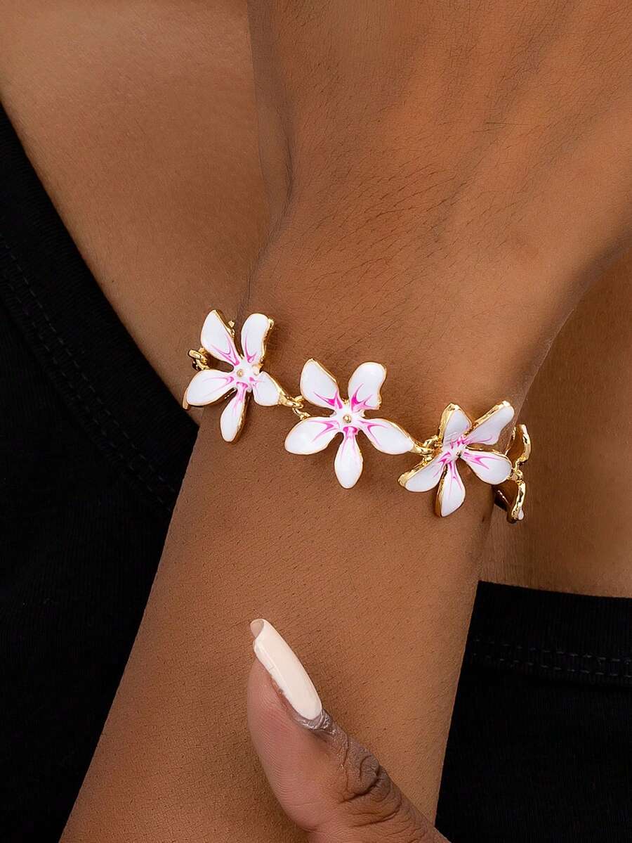 1 件 18K 镀金珐琅花朵复古优雅奢华风格女士手链 - 白粉紅色 - 查看 1