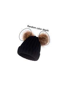 Cute Bear Woolen Beanie Hat With Pompom, Thick & Stretchy, Suitable For Women Winter Outdoor Wear