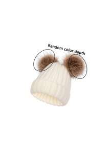 Cute Bear Woolen Beanie Hat With Pompom, Thick & Stretchy, Suitable For Women Winter Outdoor Wear
