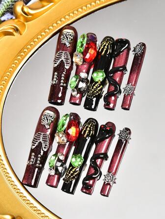 10pcs Y2K Extra Long 3D Handemade Press On Nails Halloween Skull Crown Ghost Claw Diamond Decoration Square Long Nail Fake Nail, 1pc Nail File And 1pc Nail Glue, Suitable For Girls And Women Festival Parties And Daily Wear Holiday Gifts Nail Art Nail Salon