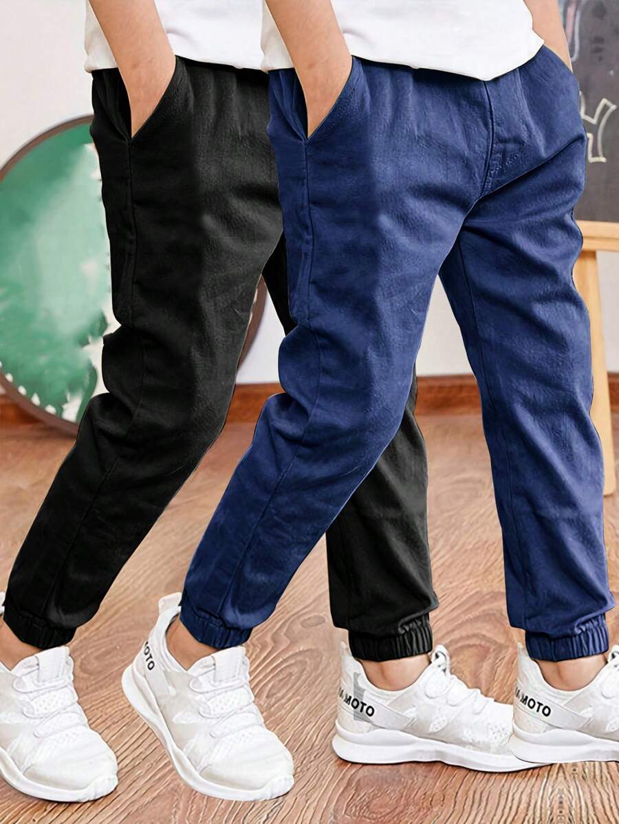 2 件青少年男孩休闲运动户外工装裤，带口袋，夏季和春秋季 - 黑色 - 查看 1
