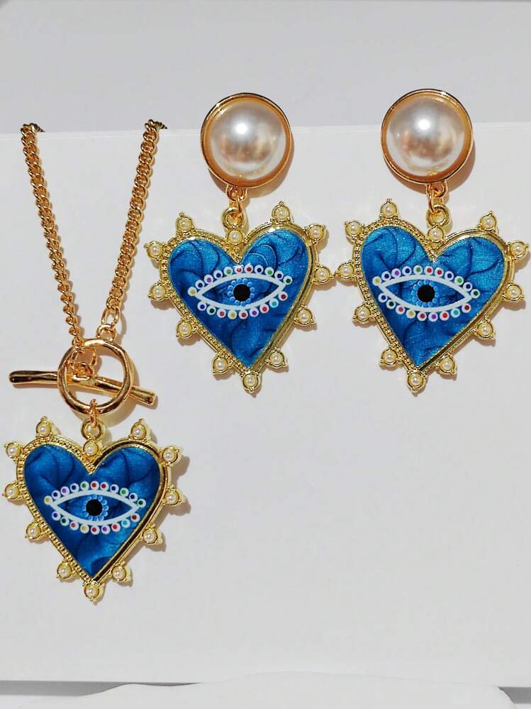 Conjunto de joyería para mujer con collar y aretes con cadena, forma de corazón y ojo del mal azul - conjunto de joyas de mal de ojo - Añade 6