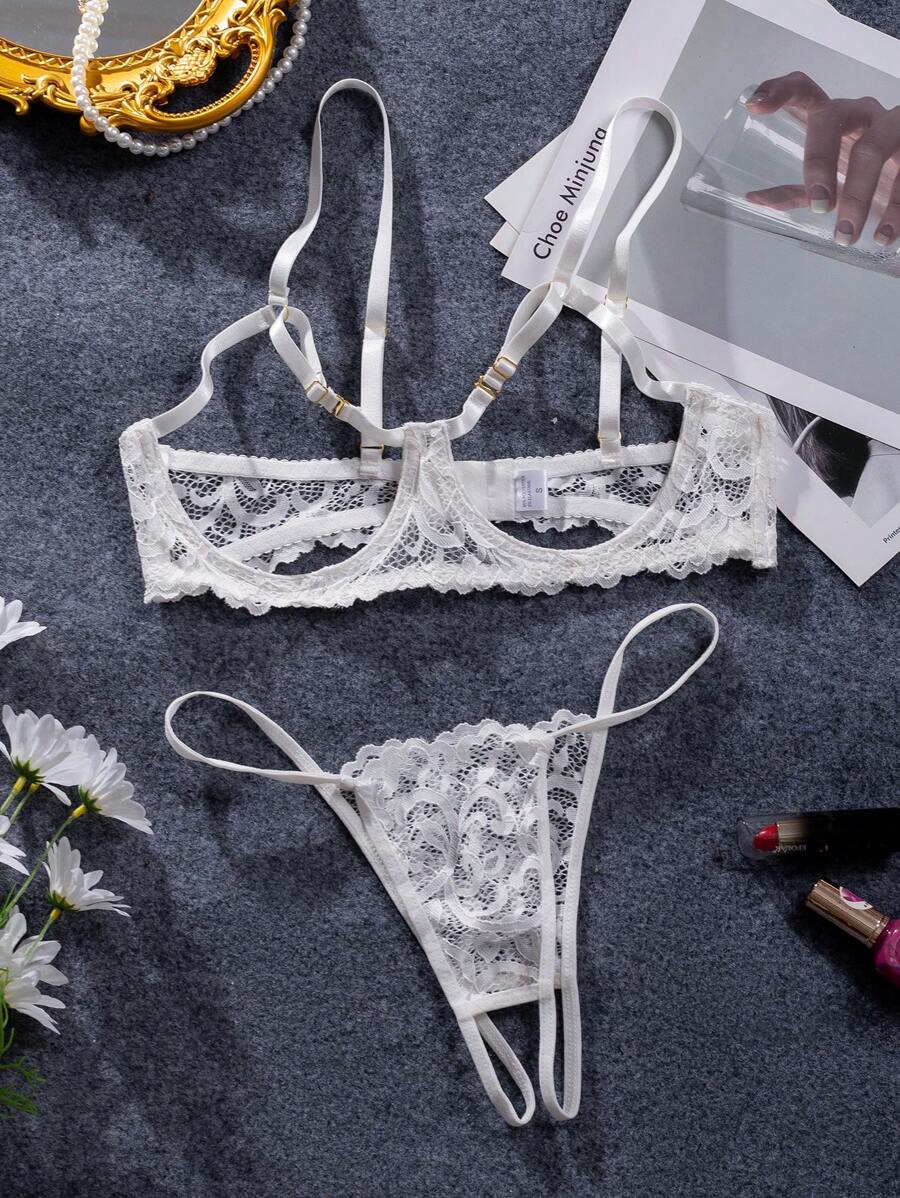 Bộ đồ lót ren rỗng gợi cảm màu đen quyến rũ dành cho quý cô - trắng - Xem 1