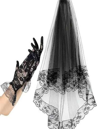 Black Wedding Veil Flower Lace Bridal Veil Halloween Costume Veil With Comb Short Gloves Play Valentine's Day Valentines