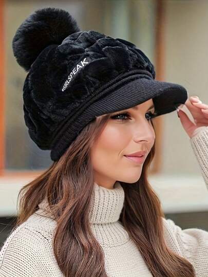 1pc Women Fashion Pom Pom Fluffy Beanie, Warm Winter Outdoor Cap, Korean Style, Windproof, Acrylic, Suitable For Daily Wear, Gift