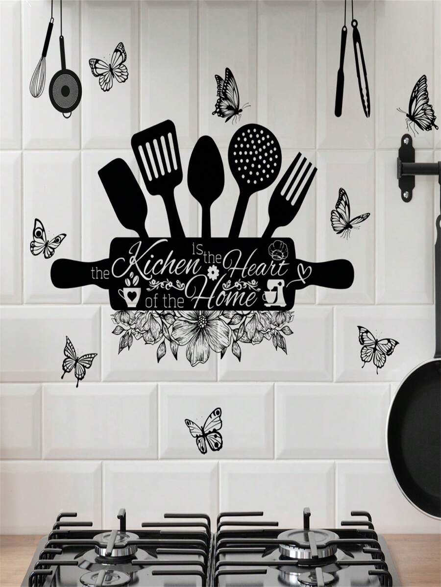 1pc New Creative Kitchen Utensils Sticker, Removable Wall Sticker For Restaurant, Kitchen And Home Decoration,Stickers,Wall Decal, Vinyl Decal For Home Decorations,Spring Decoration Items Refresh Your Home,Rama Decoration Stickers Kitchen Decor - Black and White - View 1