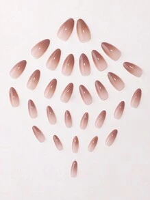 30pcs/Pack Almond-Shaped Brown Ombre Fake Nails With 1pc File/Buffer Block And 1pc Gel Nail Sticker - Multicolor - View 4