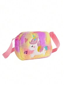 1pc Kid's Cartoon Plush Unicorn Crossbody Bag, Cute Shibori Dye Square Small Bag With Adjustable Strap For Coins, Accessories, Toys, Random Shibori Placement