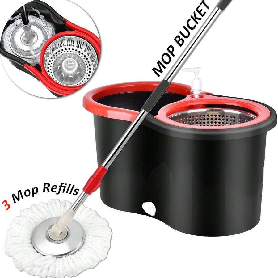 Spin Mop And Bucket With Wringer Set, 360° Spinning Mop Bucket Systemt And 3 Microfiber Mop Replacement Heads 61" Stainless Steel Adjustable Handle For Floor Cleaning - Black - View 1