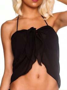 2 Pcs Swimsuit Coverups For Women Sarong Beach Wrap Sheer Short Skirt Chiffon Scarf Coverup For Swimwear Bathing Suit - 黑色+豹紋 - 查看 3