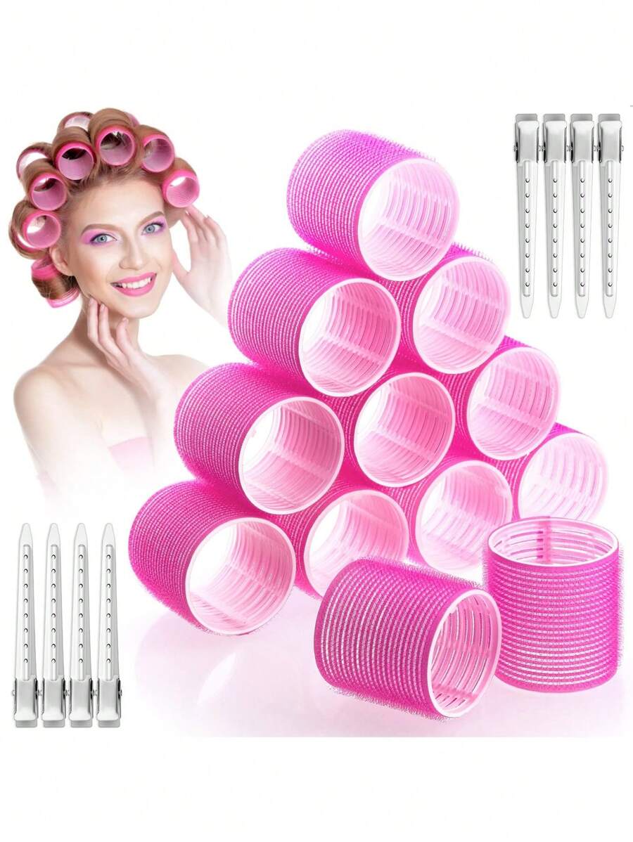24pcs [12 Hair Scrunchies + 12 Metal Hair Clips] / 12pcs [6 Hair Scrunchies + 6 Metal Hair Clips] Jumbo Hair Curlers Rollers, 24pcs Set With 12 Hair Curlers Self Grip Holding Rollers And 12 Stainless Steel Alligator Hair Clips For Long Medium Short Thick Fine Thin Hair Bangs Volume (24PCS/12PCS) ,Hair Styling Tools Hair Accessories - Pink - View 1