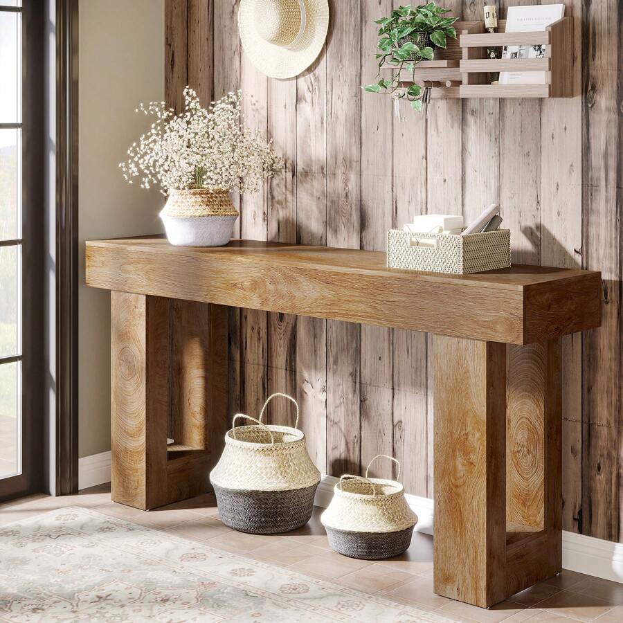 LITTLE TREE Farmhouse Console Table, 63-Inch Long Wooden Sofa Table Behind The Couch, Narrow Entryway Table For Entrance, Hallway, Living Room, Light Brown - Nâu nhạt - Xem 1