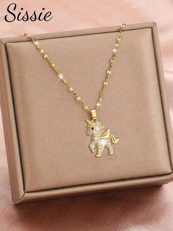 1pc Kids Exquisite Fashionable Unicorn Pendant Copper & Zirconia Necklace With Stainless Steel Chain For Girls Sweet Lovely Delicate Shiny Party Banquet Holiday Festival Jewelry Gift For Children Birthday Gift And Daily Decoration