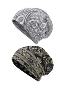 2 piezas Gorros tipo Beanie clásicos con estampado de paisley sueltos sin visera, gorros tipo Beanie elásticos estilo bohemio sin visera, braga de cuello vintage unisex, gorros sin visera suaves, gorros para quimioterapia para hombres y mujeres, posición de impresión aleatoria Gorras de invierno y otoño - A - Ver 12