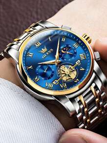 OLEVS. OLEVS 顶级男士手表陀飞轮风格时尚原创石英表 3Bar 防水运动月相表夜光计时码表男士礼物 - 藍色 - 查看 3