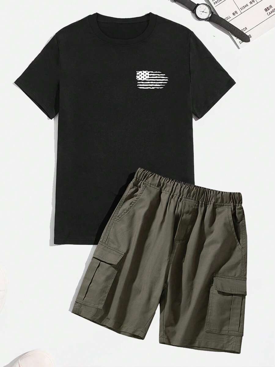 2pcs Tween Boy Teens American Flag Independence Day Elements Printed Short Sleeve T-Shirt And Multi-Pocket Work Shorts, Spring And Summer - Green - View 1