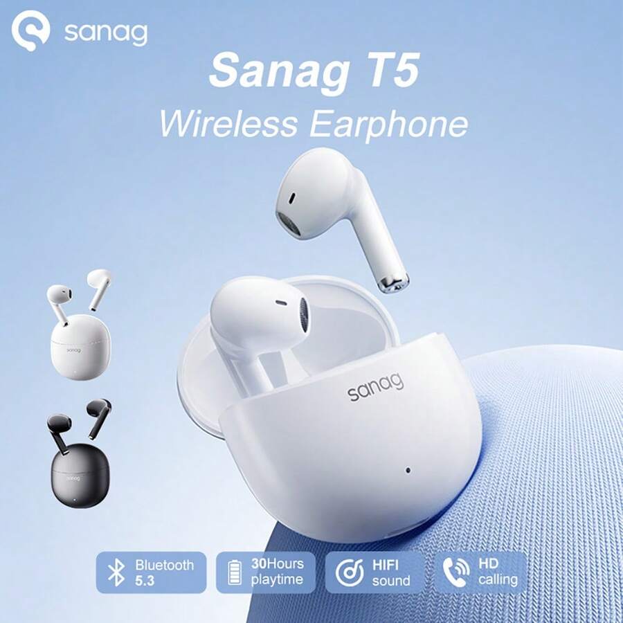 Sanag T5 蓝牙耳机具有 HIFI 级原声，轻巧舒适，30 小时长电池寿命，高清通话麦克风，低延迟，提供更好的游戏体验
