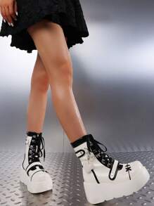 Womens Goth Ankle Boots Platform Chunky High Heel Lace Up Zipper Round Toe Combat Boots - trắng - Xem 5