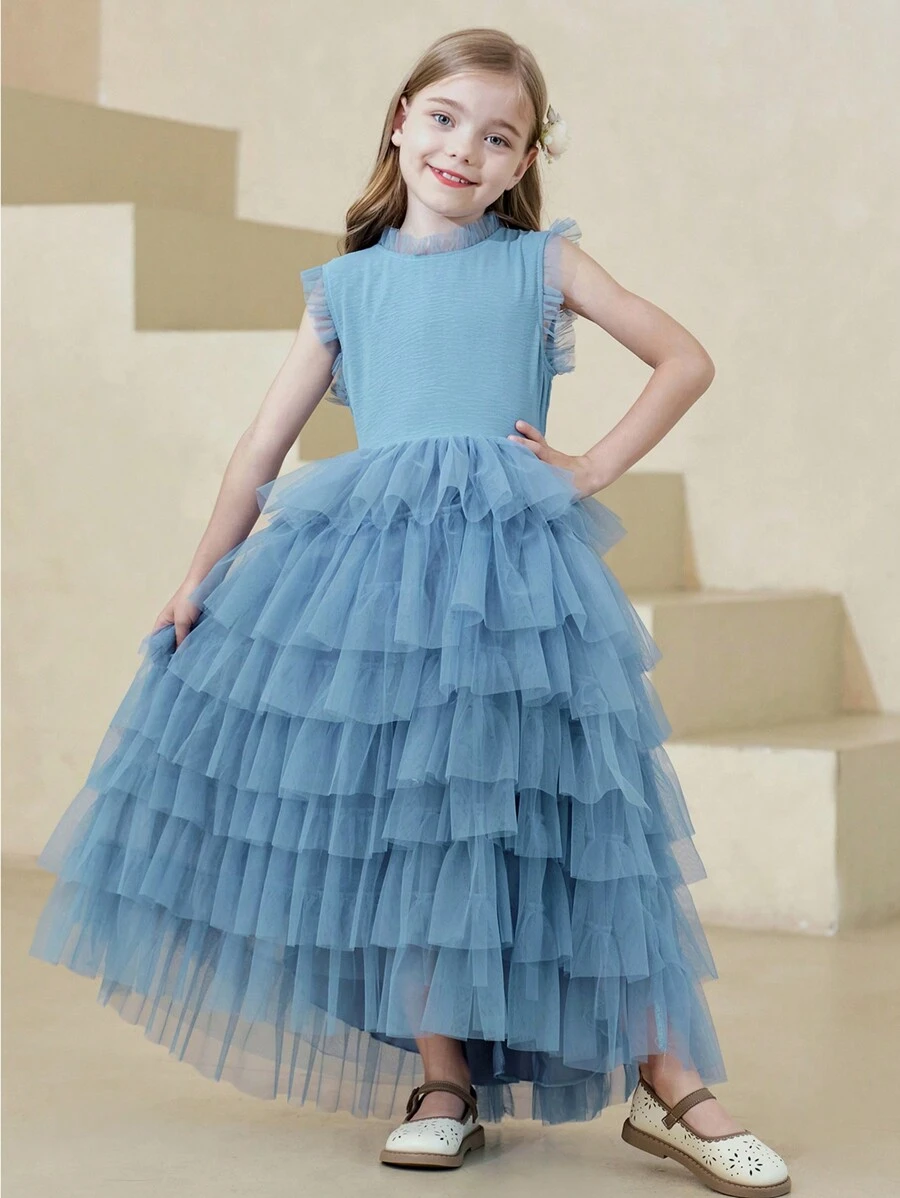 Tween Girls High-End Mesh Splice Sleeveless Dress, Flower Girl Wedding Party Long Layered Cake Skirt - Blue - View 1