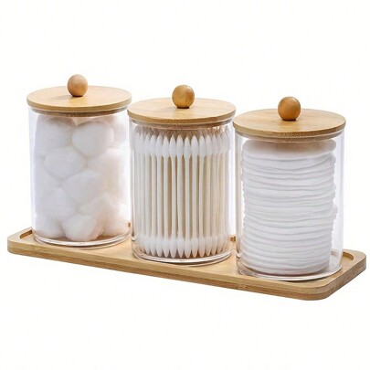 3 piezas Caja de almacenamiento transparente redonda de plástico con bandeja para hisopos de limpieza / 1 pieza Caja de almacenamiento portátil moderna de escritorio para uso doméstico, para vacaciones en la playa, baño, dormitorio, de gran capacidad