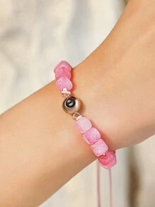 1pc Customized Photo Projection Bracelet, Personalized 6mm Natural Stone Photo Projection Bracelet, Square Agate Bangle For Women, Gift For Girlfriend, Photo Commemorative Gift