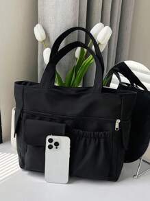 女士纯色多功能托特包，简约多口袋大容量腋下包，适合学生，新设计休闲旅行度假购物手提包和单肩包，商务通勤日常外出电脑包学校书包，返校包，防水，适合少女女大学生，非常适合返校、开学第一天、初中、高中