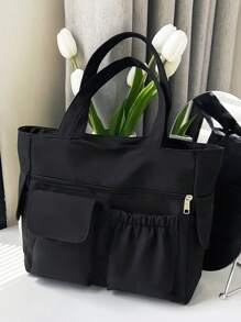 女士纯色多功能托特包，简约多口袋大容量腋下包，适合学生，新设计休闲旅行度假购物手提包和单肩包，商务通勤日常外出电脑包学校书包，返校包，防水，适合少女女大学生，非常适合返校、开学第一天、初中、高中