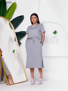Women's Set: Short Sleeve Cropped + Midi Skirt - Elegant And Comfortable! - 灰色 - 查看 1