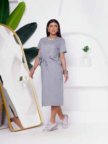 Women's Set: Short Sleeve Cropped + Midi Skirt - Elegant And Comfortable! - 灰色 - 查看 4