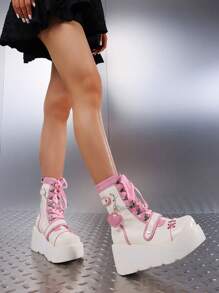 Punk Gothic Women Combat Boots Chunky Wedges Heel Lace Up Chain Ankle Cool Fashion Luxury Design Shoes Woman - 粉色 - 查看 4