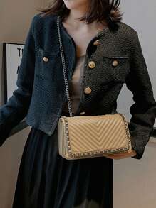 Fashion Chain Decor V-Shape Embroidery Thread Shoulder Bag Crossbody Bag Women Small Square Bag - Khaki - View 5