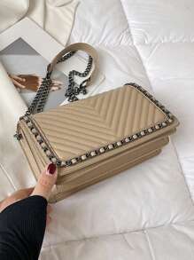 Fashion Chain Decor V-Shape Embroidery Thread Shoulder Bag Crossbody Bag Women Small Square Bag - Khaki - View 6
