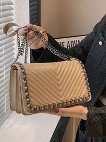 Fashion Chain Decor V-Shape Embroidery Thread Shoulder Bag Crossbody Bag Women Small Square Bag - Khaki - View 3