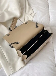 Fashion Chain Decor V-Shape Embroidery Thread Shoulder Bag Crossbody Bag Women Small Square Bag - Khaki - View 8