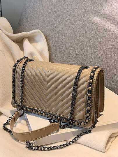 Fashion Chain Decor V-Shape Embroidery Thread Shoulder Bag Crossbody Bag Women Small Square Bag