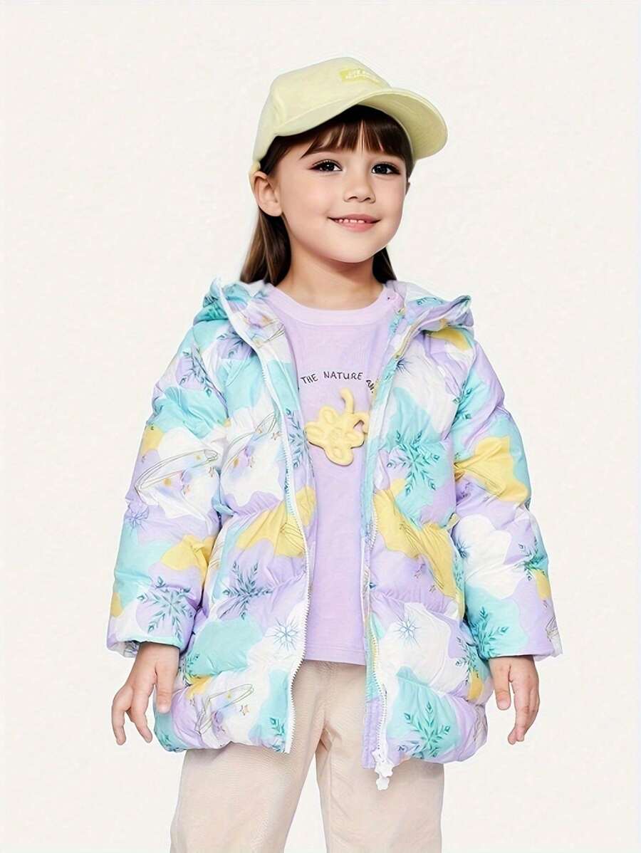 Annil 女童冬季印花中長款保暖厚實羽絨外套紫色 - 紫色 - 查看 1