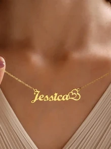 1PC Simple Stainless Steel Customized Name Necklace,Women's Silver Double Hollow Heart Pendant,45+5cm Chain Long Neck Chain Charms,Customized Jewelry,Valentine's Day Birthday Summer Vacation Accessories Gift - Gold - View 3
